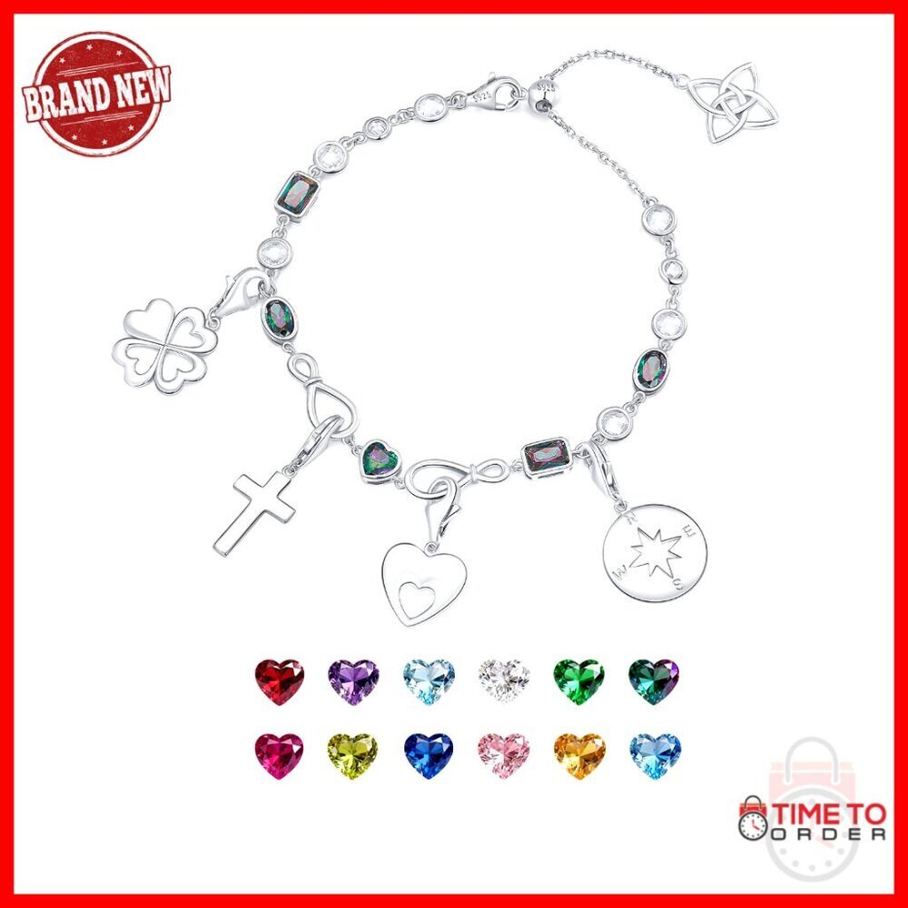 Adjustable Sterling Silver Birthstone Bracelet with Charms, 6-8 Inches